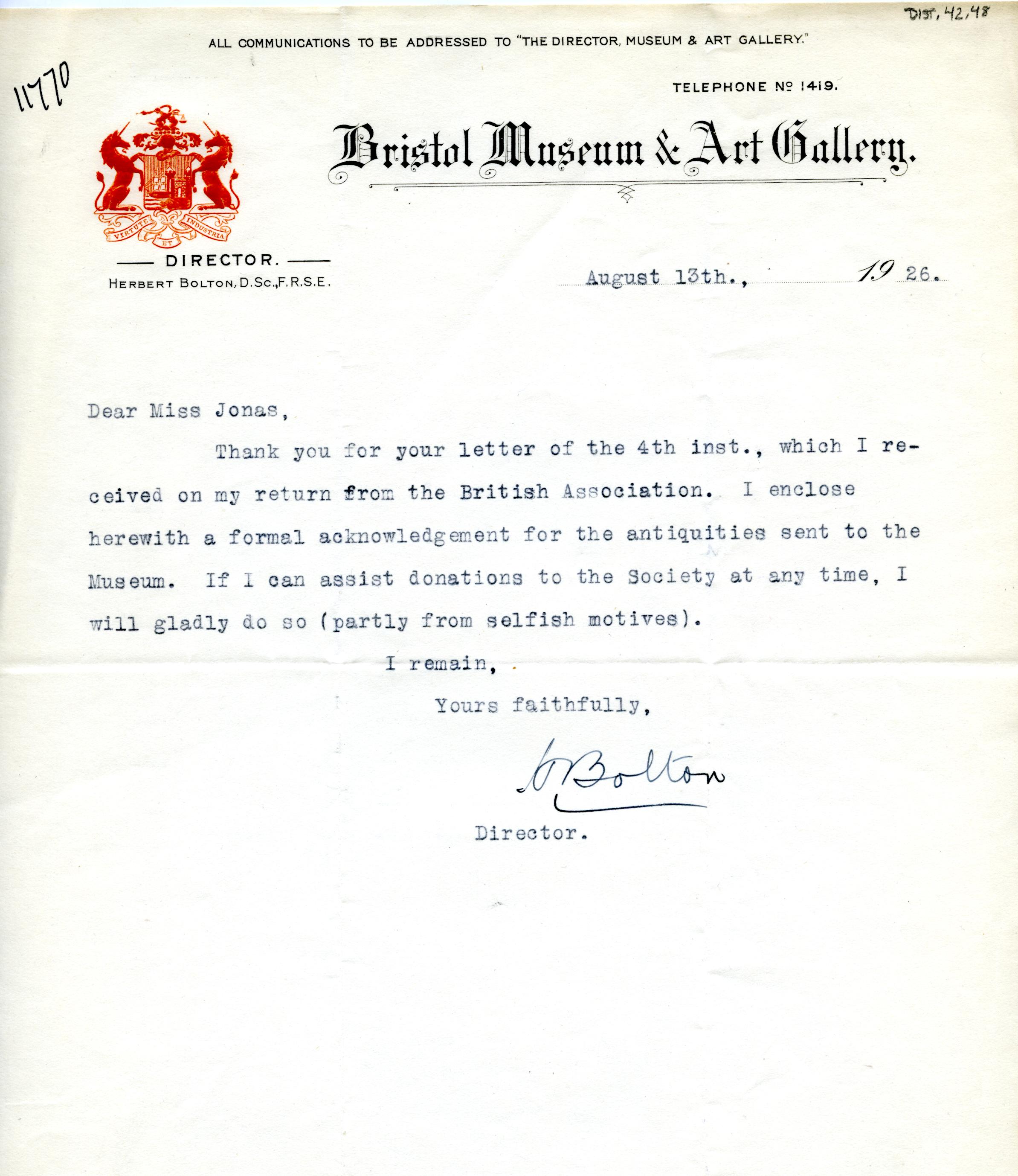 1922-71 Miscellaneous correspondence with museums DIST.42.48