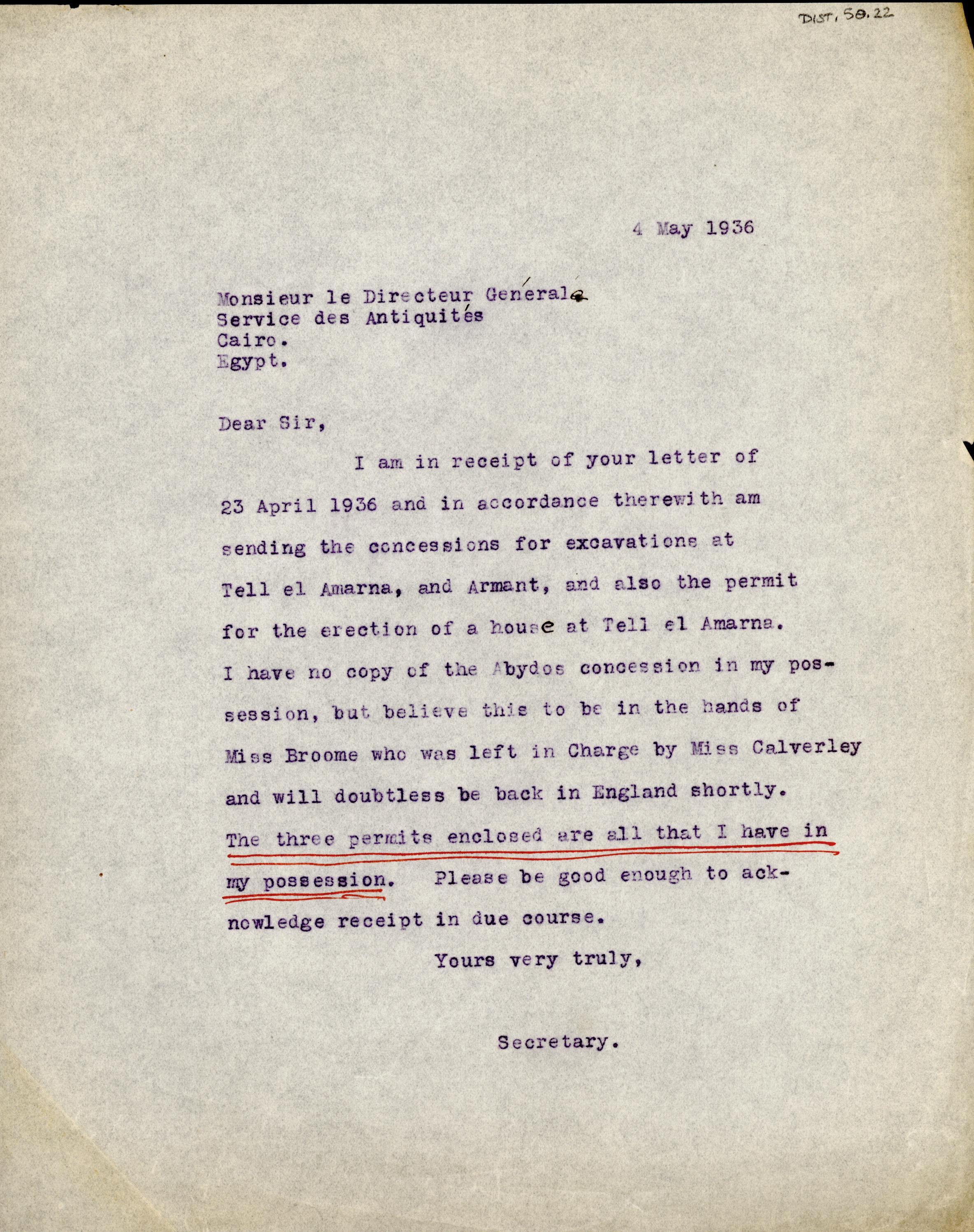 1926-39 correspondence with Antiquities Service DIST.50.22