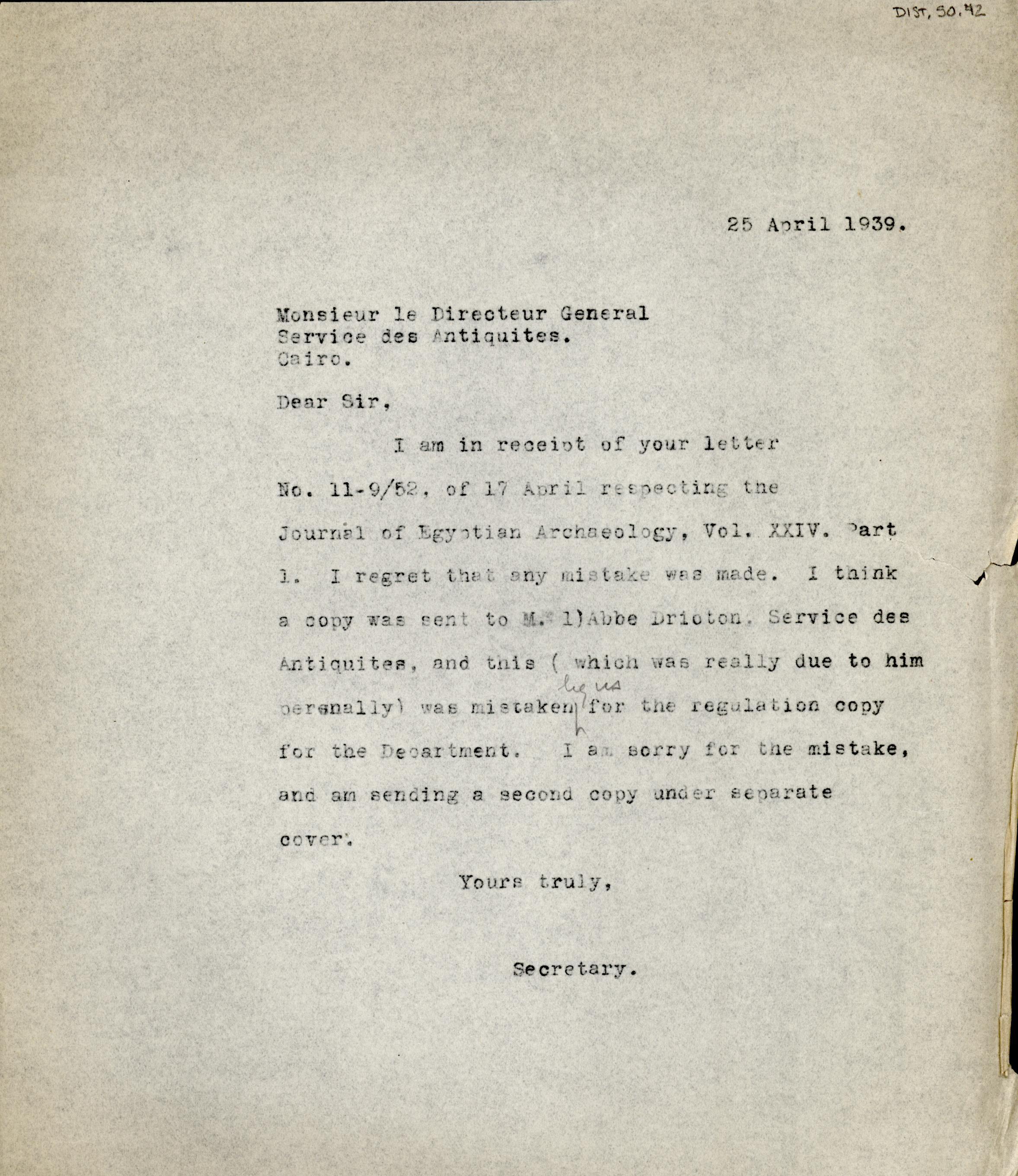 1926-39 correspondence with Antiquities Service DIST.50.42