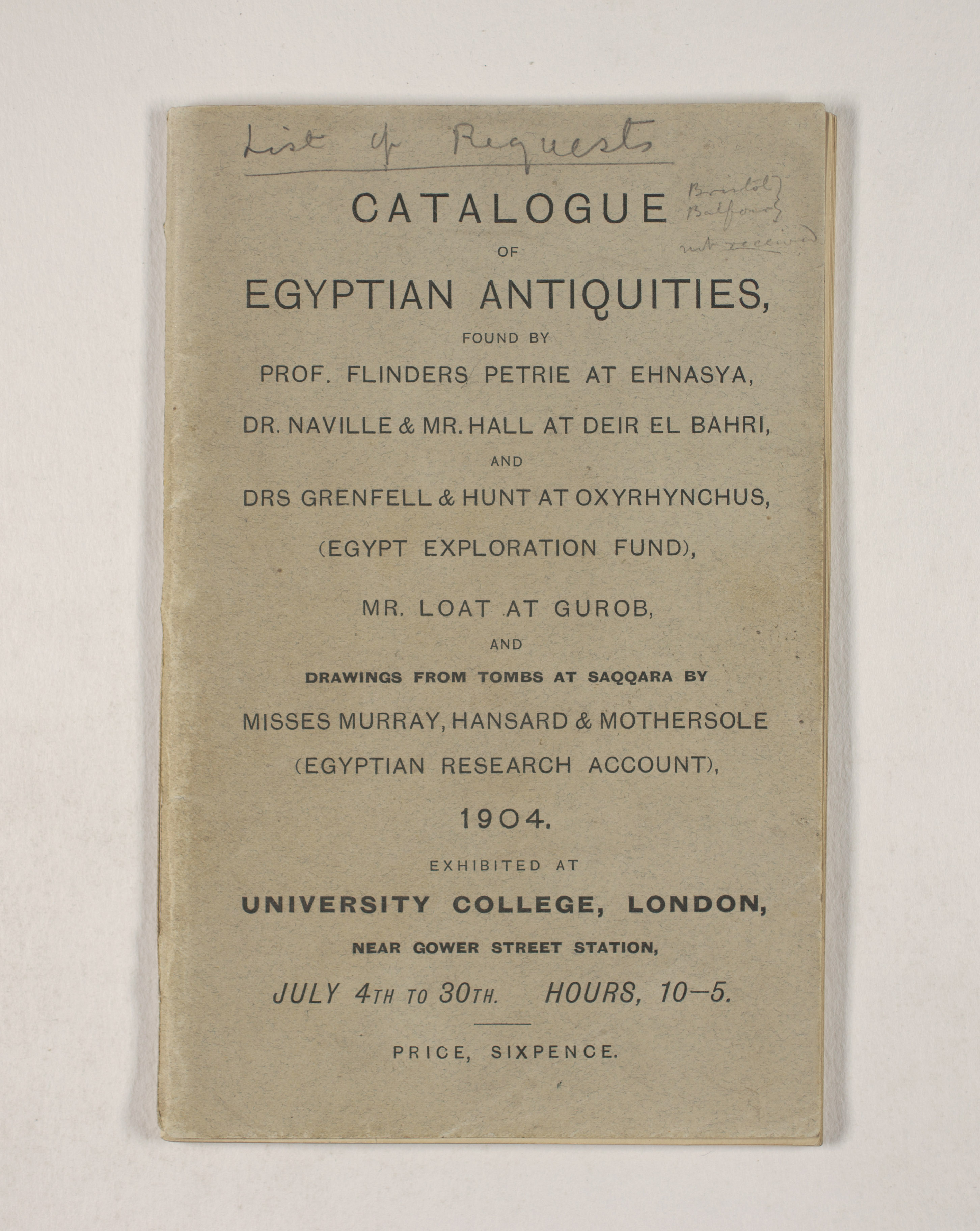 1903-04 Abydos, Ihnasya, Tell el-Fara’in, Saqqara, Gurob, Deir el-Bahri, Oxyrhynchus Exhibition Catalogue PMA/WFP1/D/12/12.1
