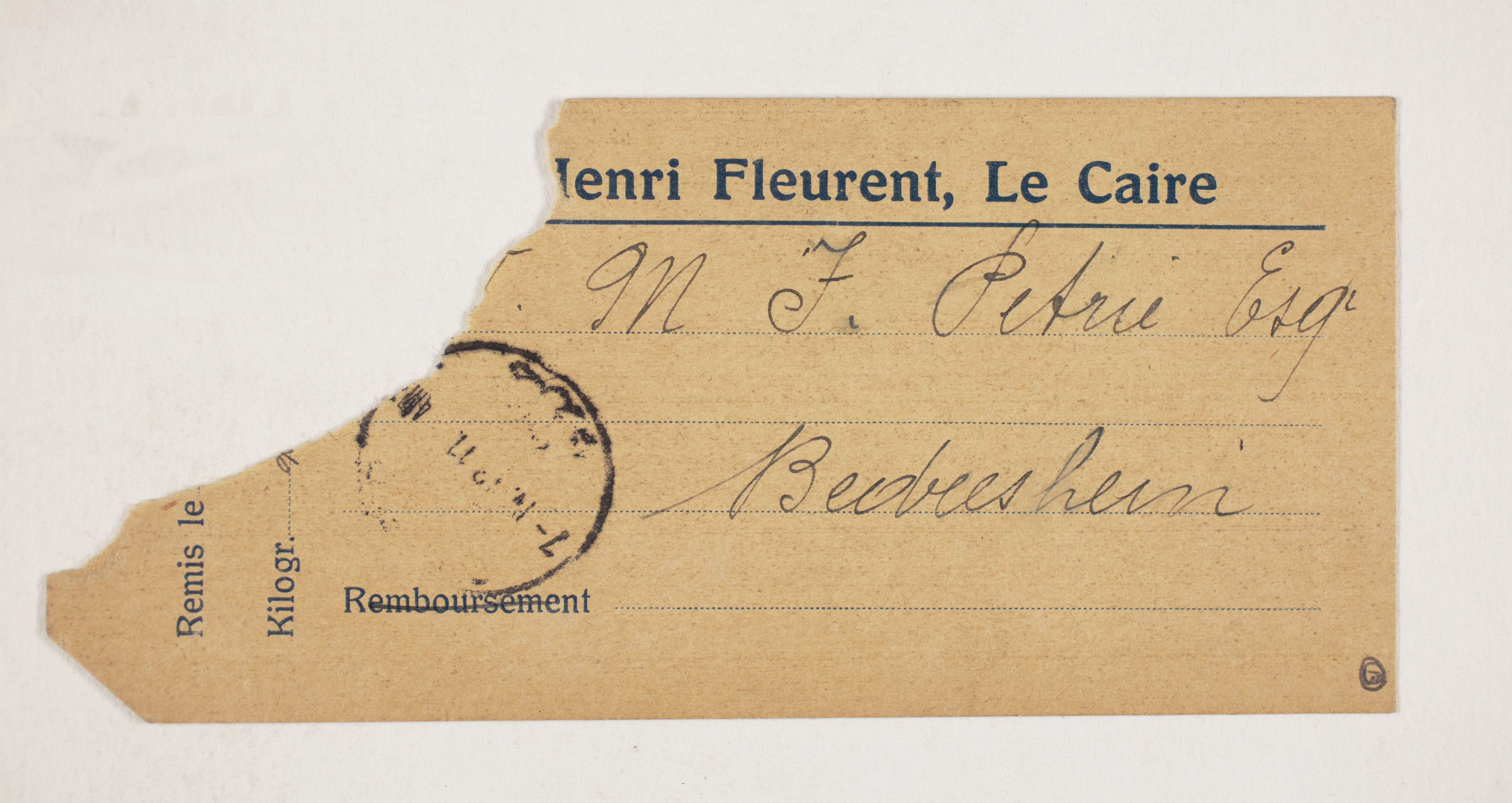 1908-09 Qurneh, Memphis Mailing label PMA/WFP1/D/17/13.2