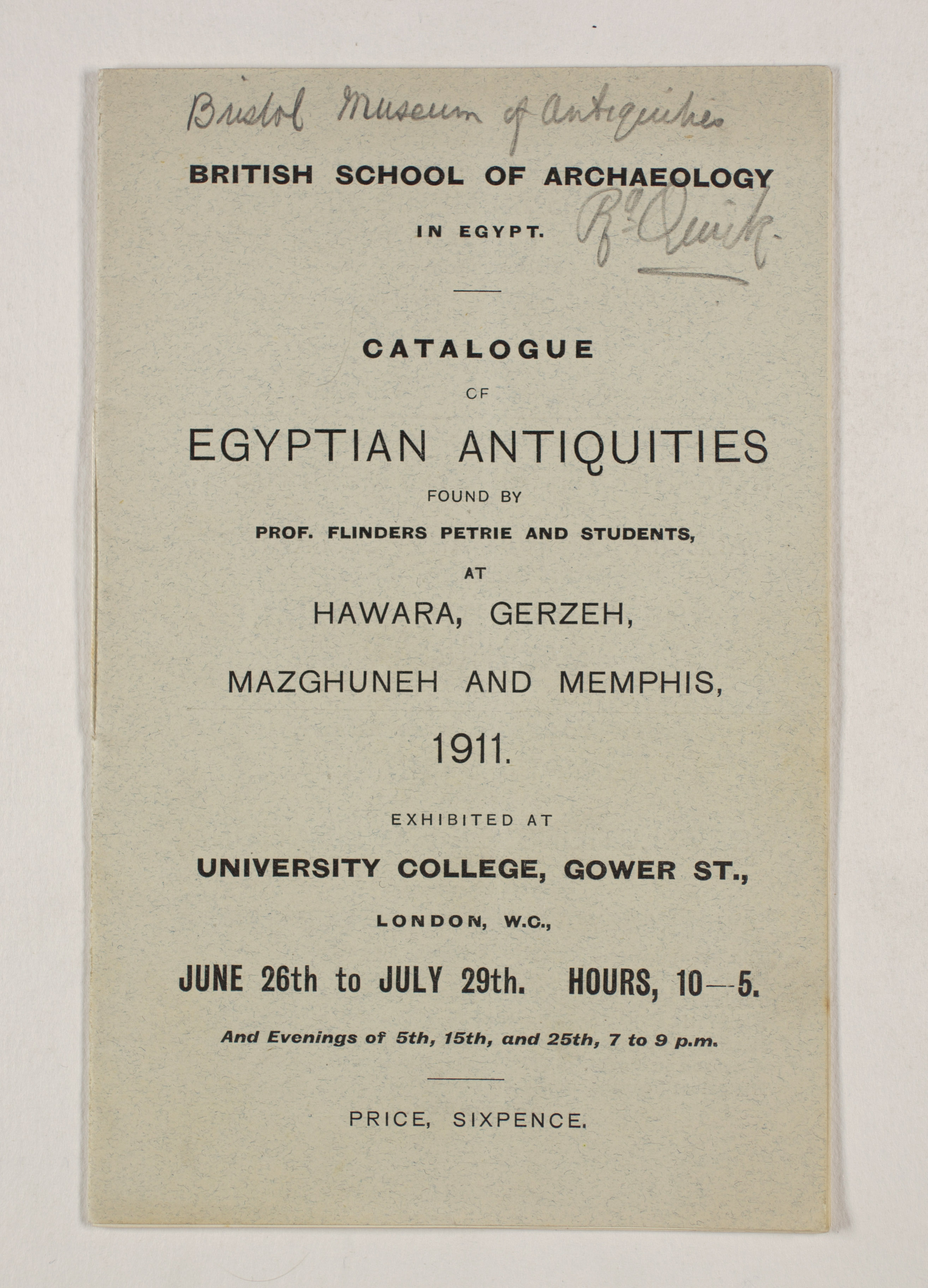 1910-11 Hawara, Gerzeh, Memphis, Mazghuneh Exhibition catalogue PMA/WFP1/D/19/34.1
