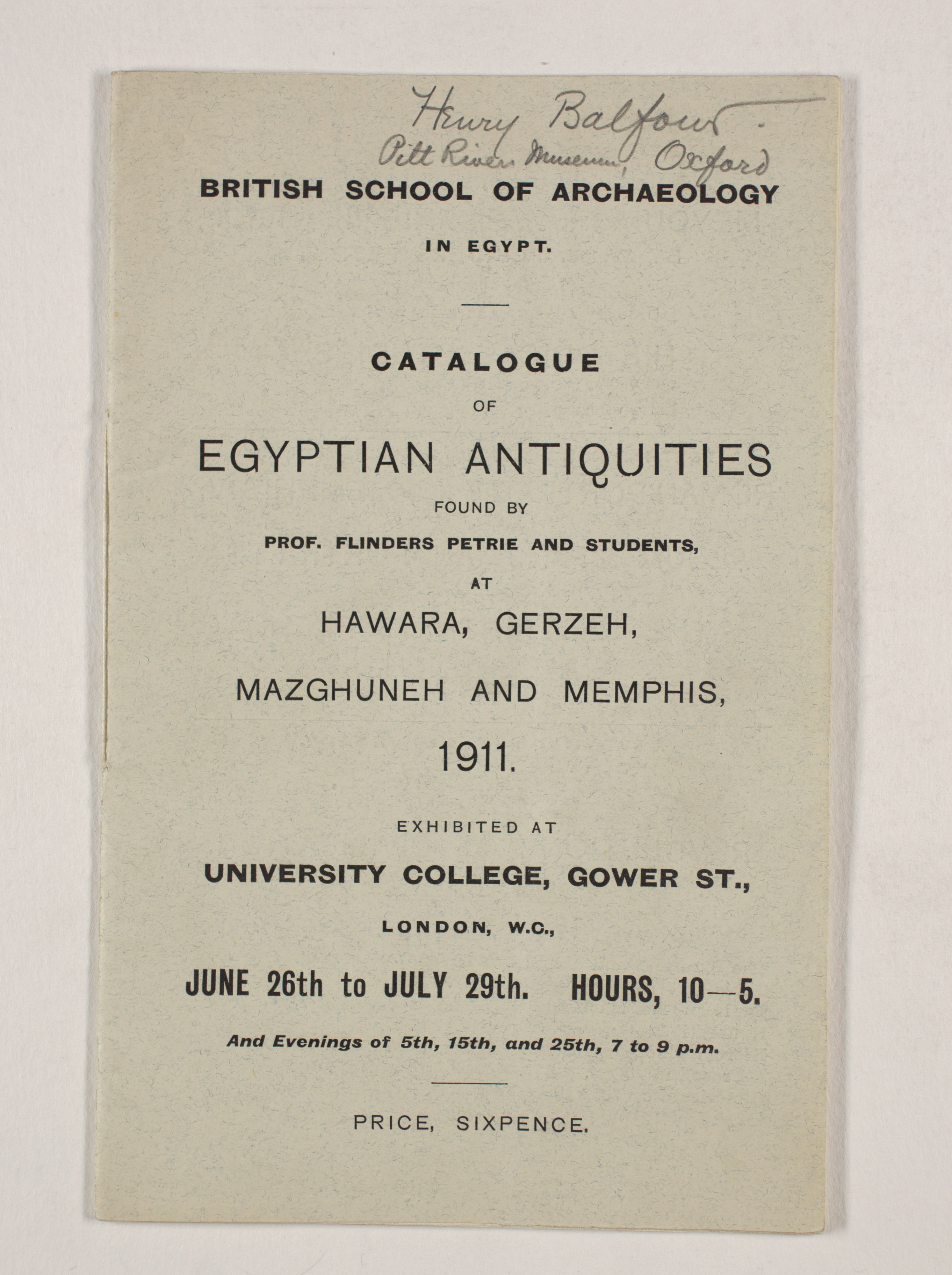 1910-11 Hawara, Gerzeh, Memphis, Mazghuneh Exhibition catalogue PMA/WFP1/D/19/35.1