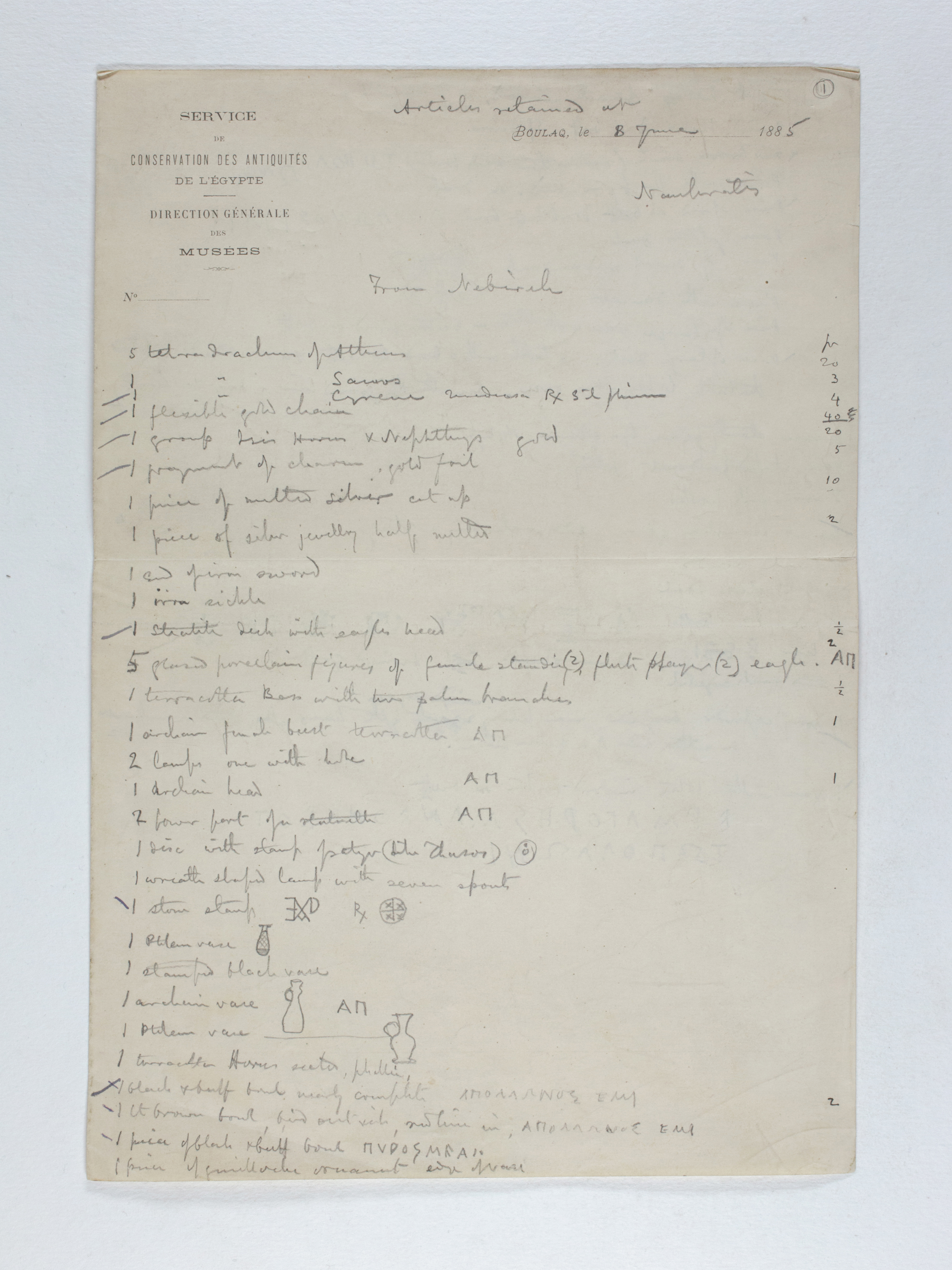 1885-1894  Object list PMA/WFP1/D/1/1.1