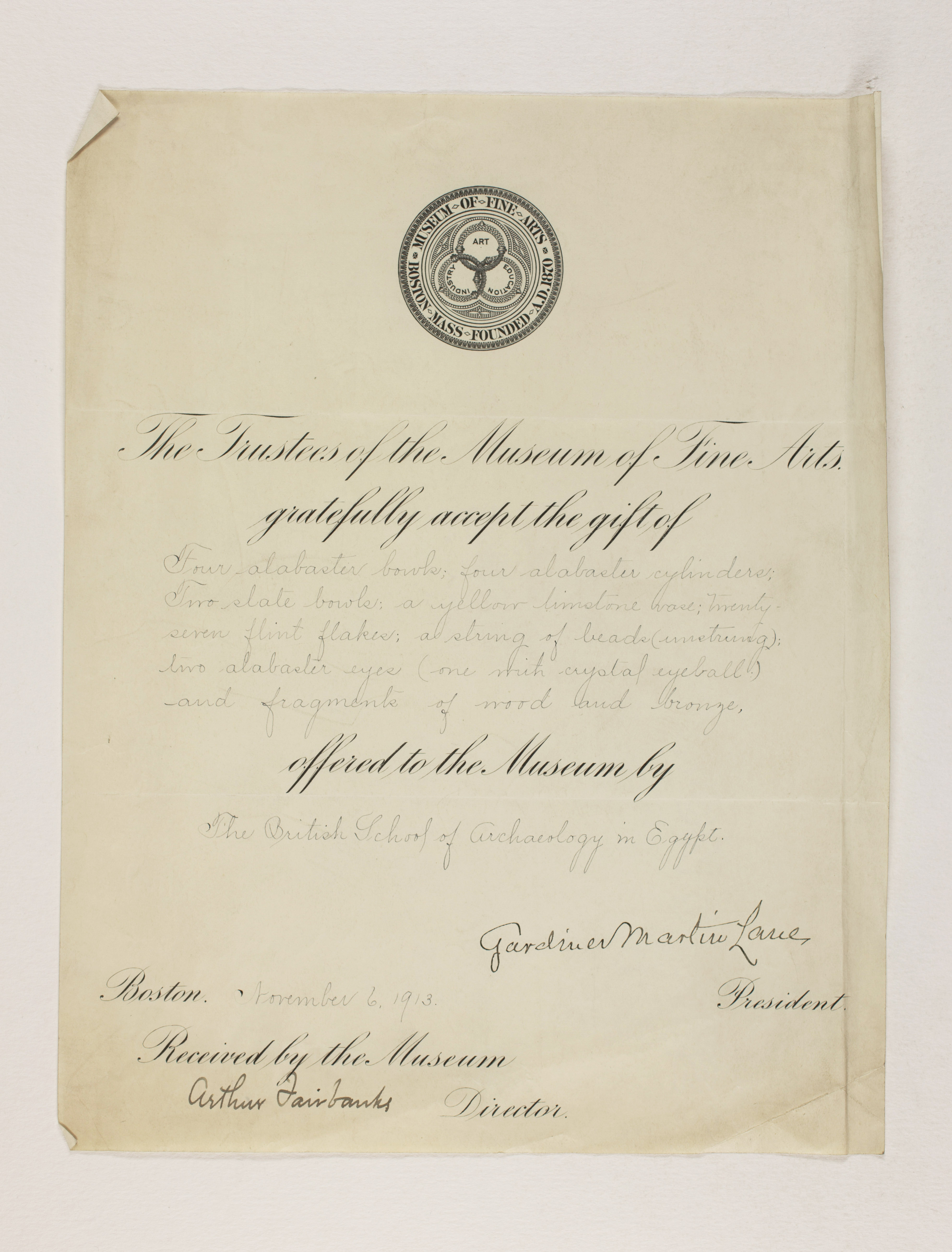1912-13 Tarkhan, el-Riqqa, Memphis Receipt from institution  PMA/WFP1/D/21/20