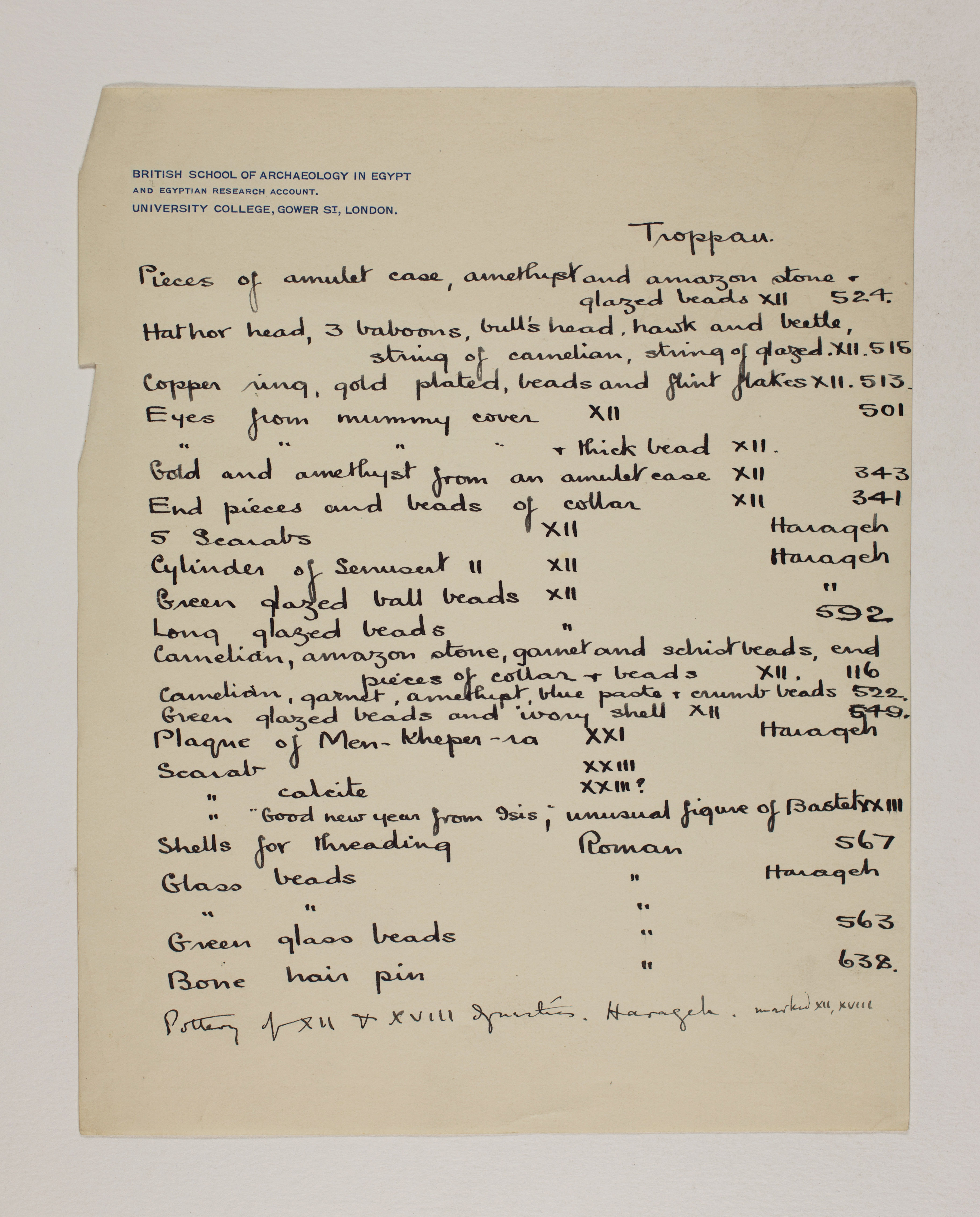 1913-14 Lahun, Haraga Individual institution list  PMA/WFP1/D/22/36