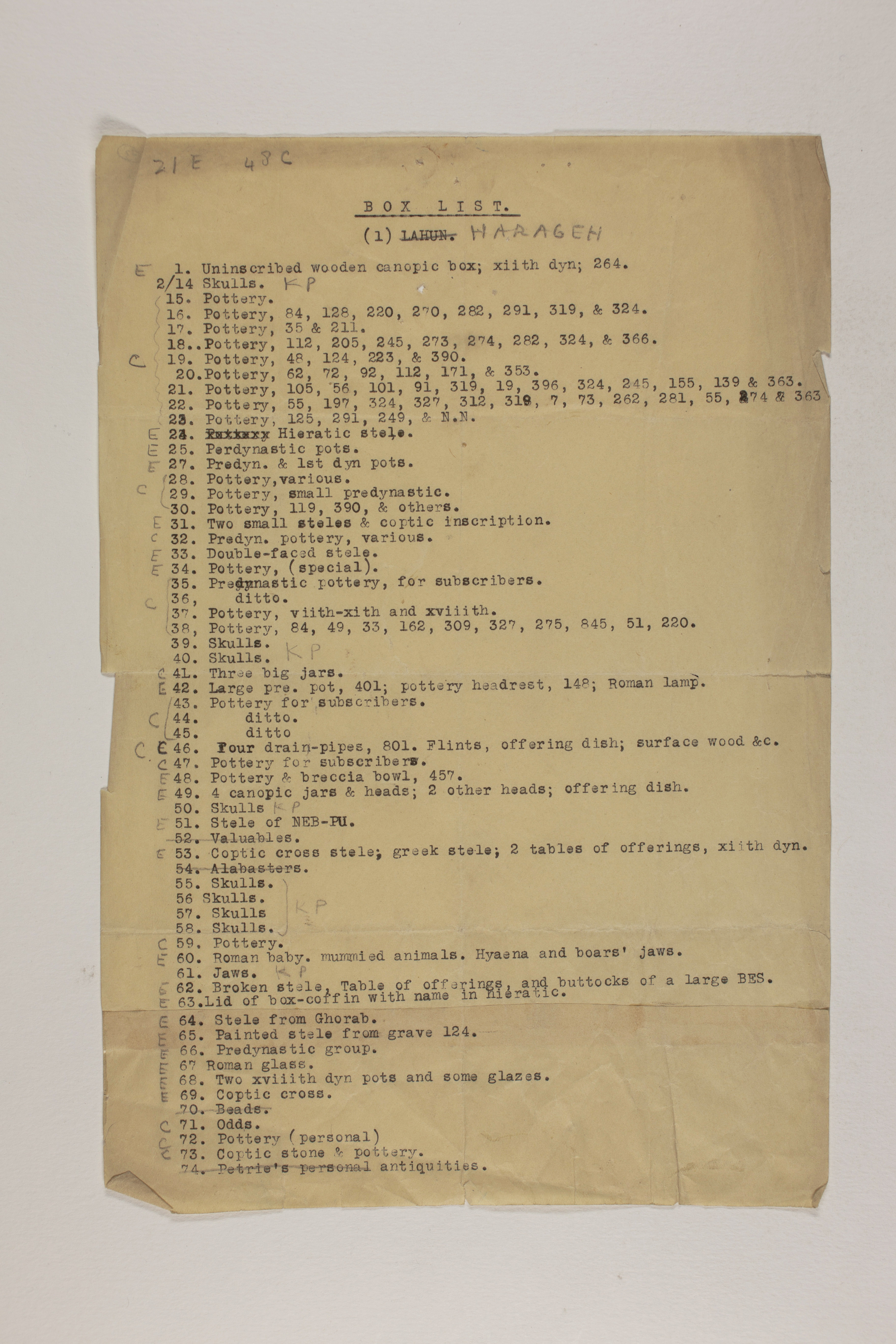 1913-14 Lahun, Haraga Object list PMA/WFP1/D/22/73