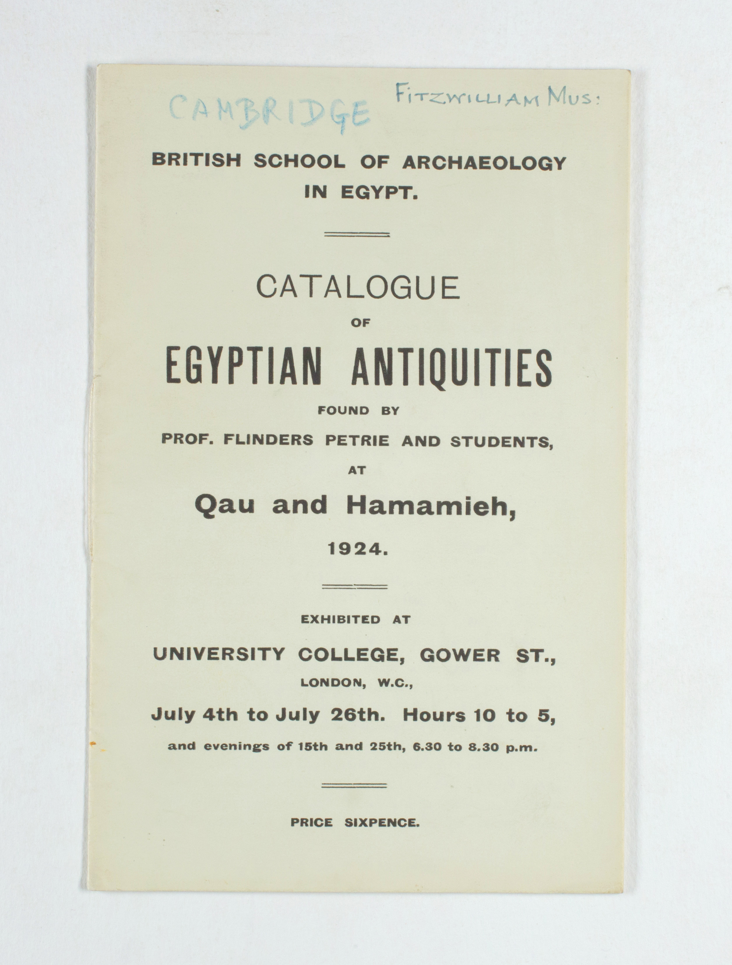 1923-24 Qau el-Kebir, Hemamieh Exhibition catalogue PMA/WFP1/D/27/29.1