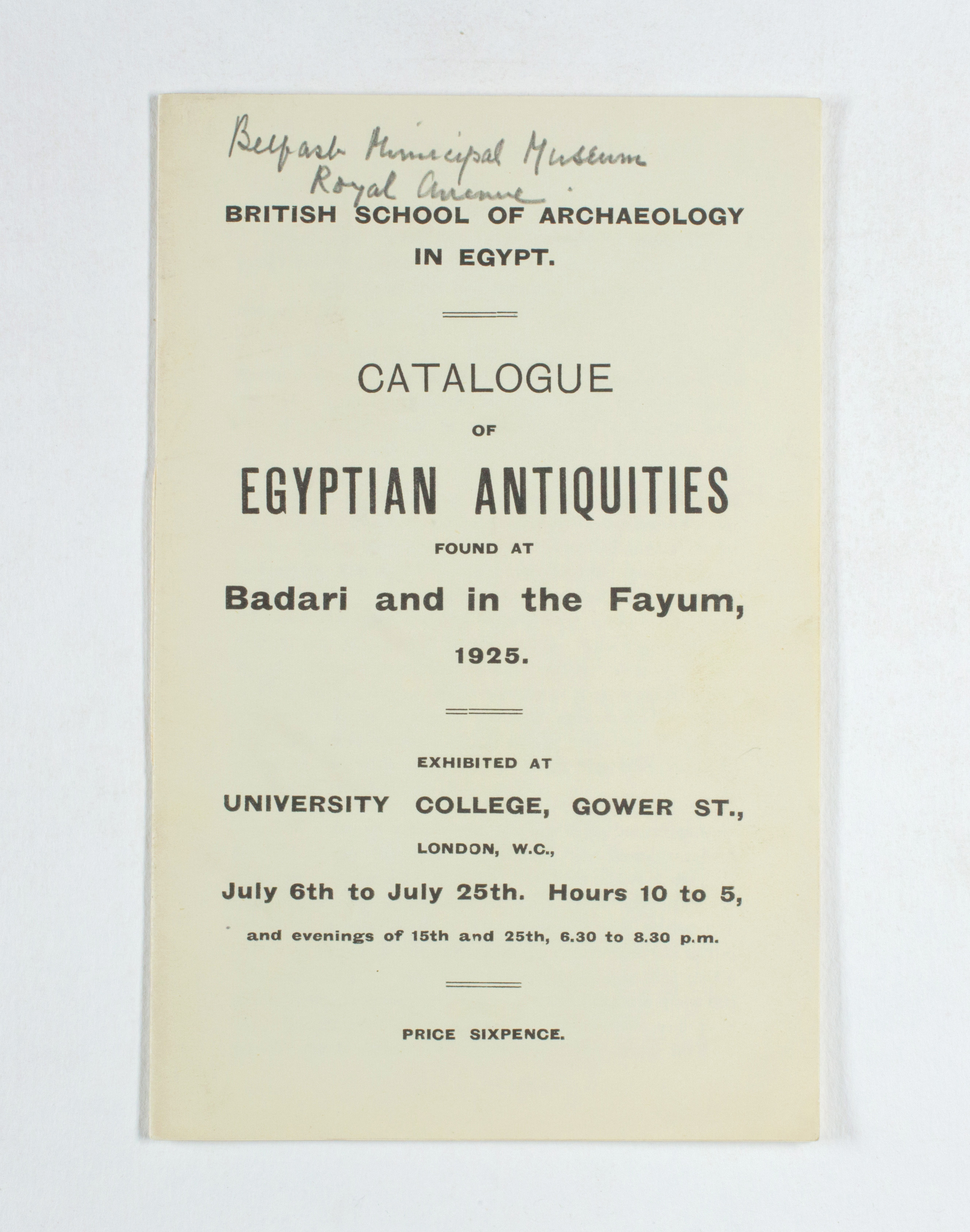 1924-25 Badari, Faiyum Exhibition catalogue PMA/WFP1/D/28/26.1