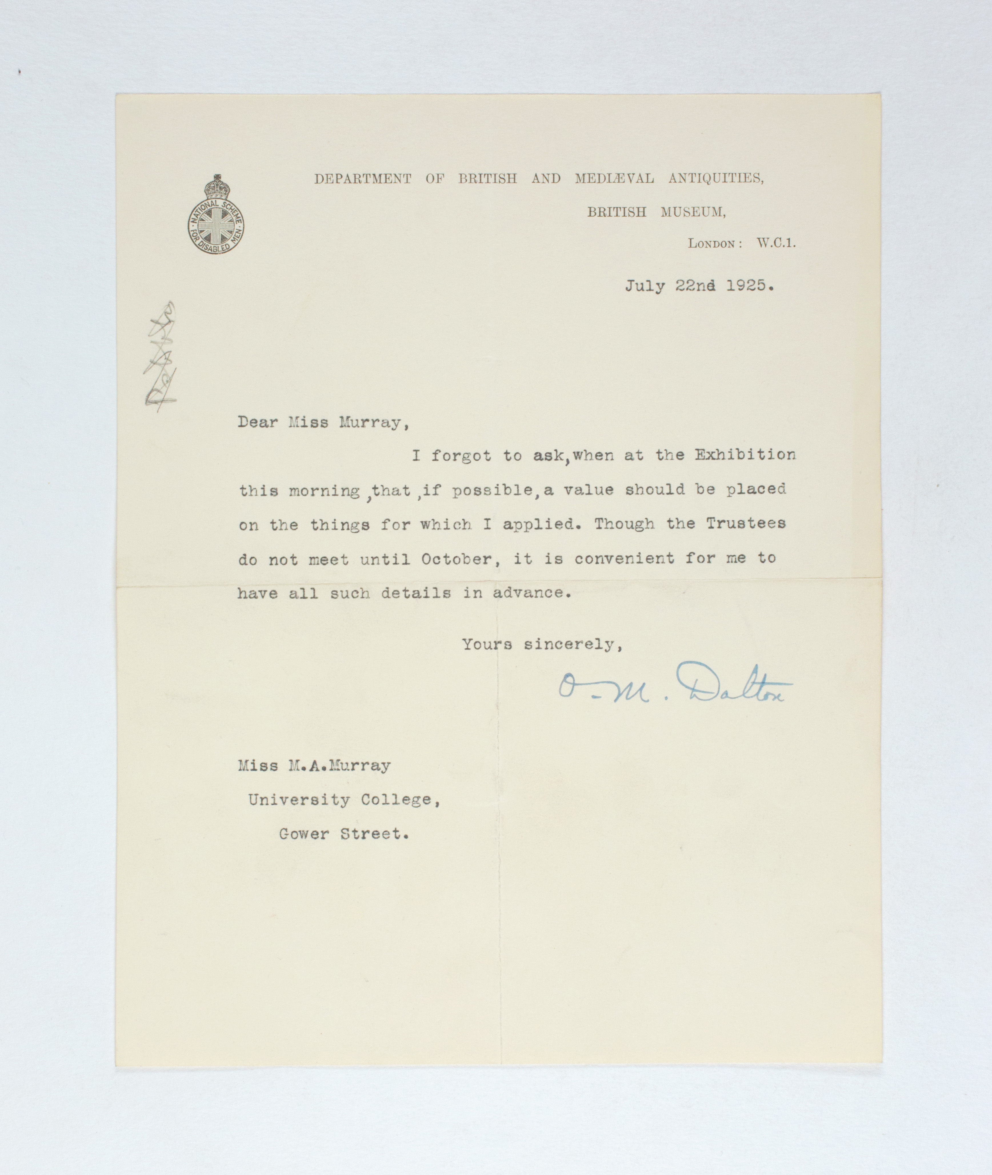 1924-25 Badari, Faiyum Correspondence PMA/WFP1/D/28/29.10