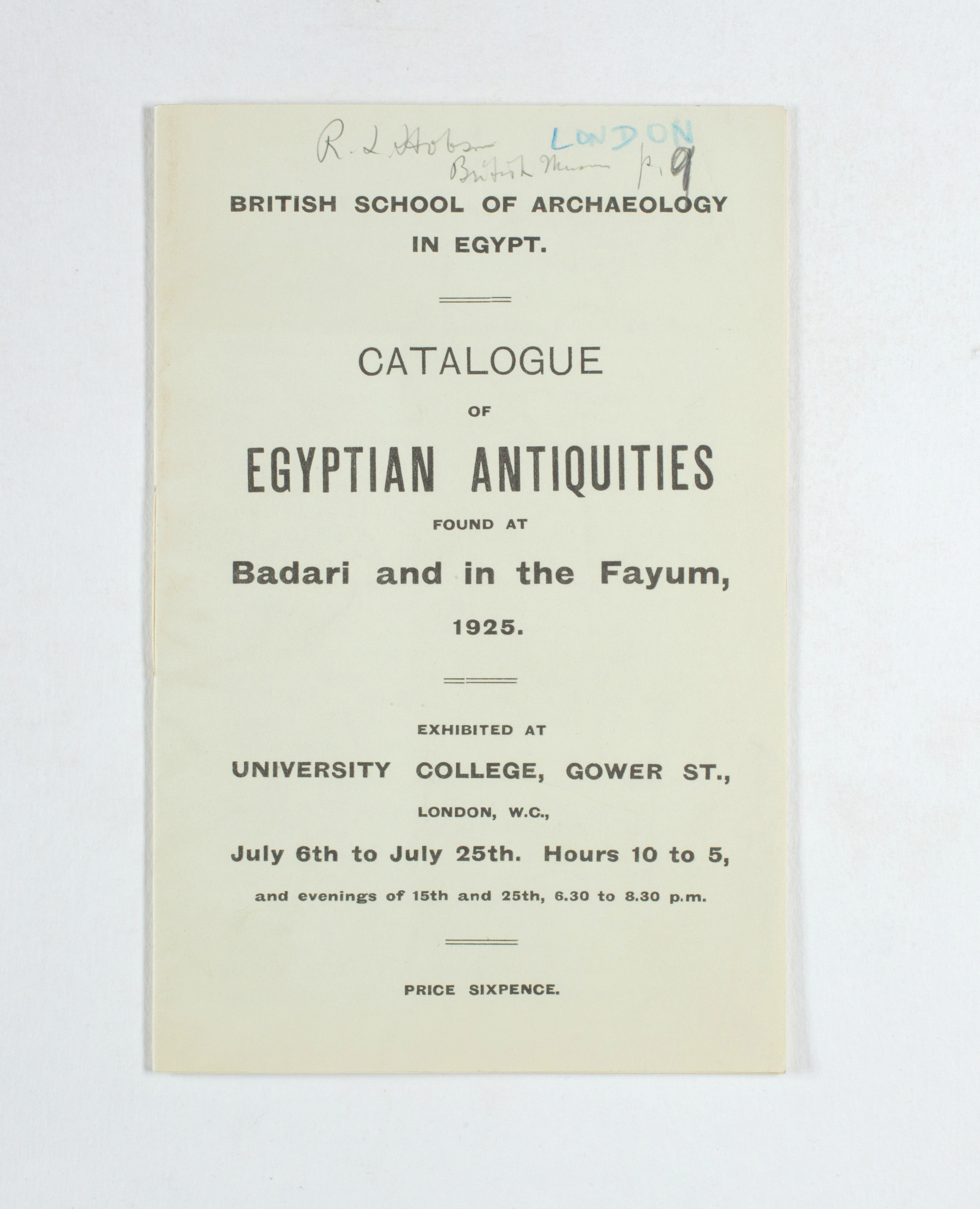 1924-25 Badari, Faiyum Exhibition Catalogue PMA/WFP1/D/28/30.1