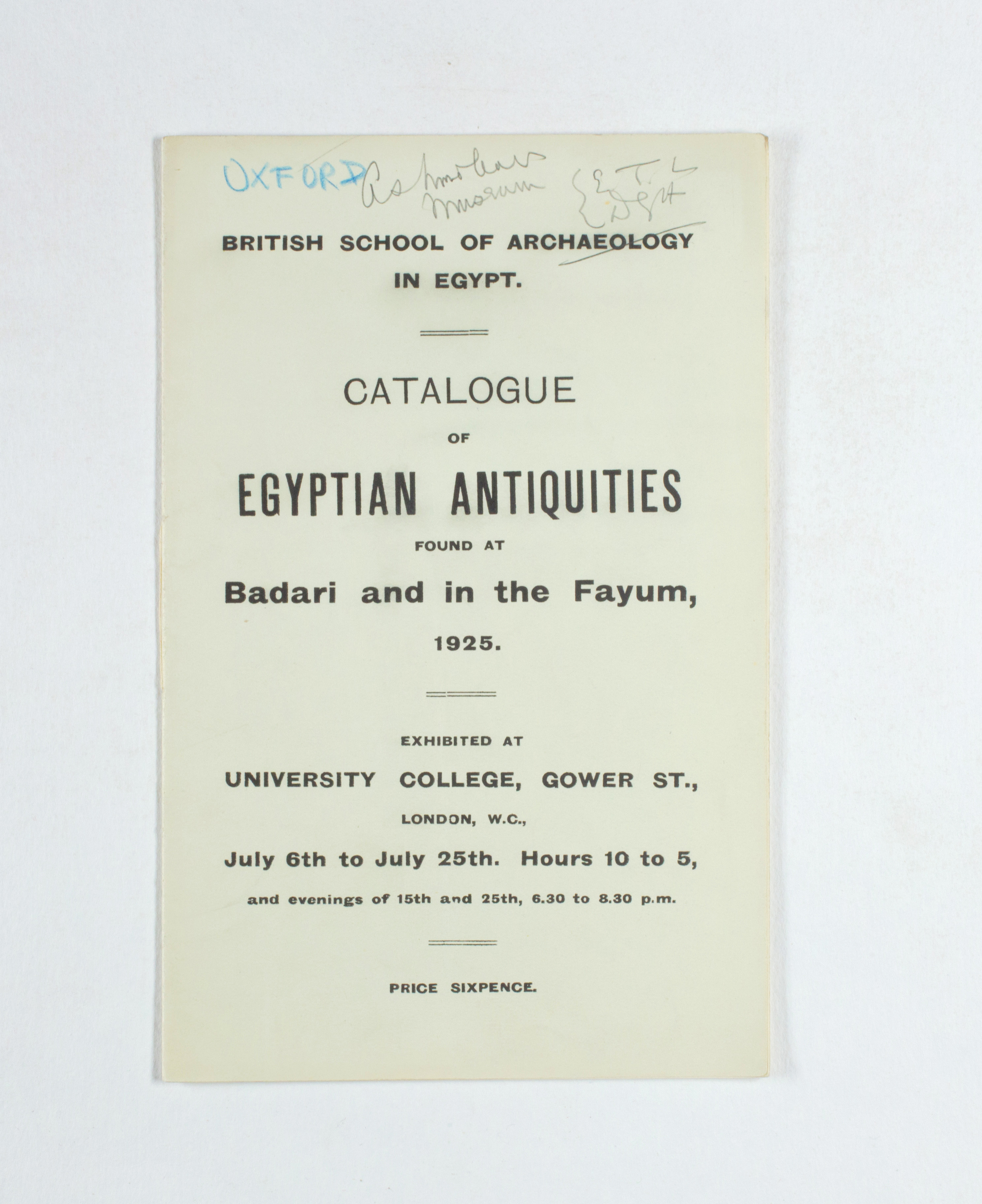 1924-25 Badari, Faiyum Exhibition catalogue PMA/WFP1/D/28/33.1