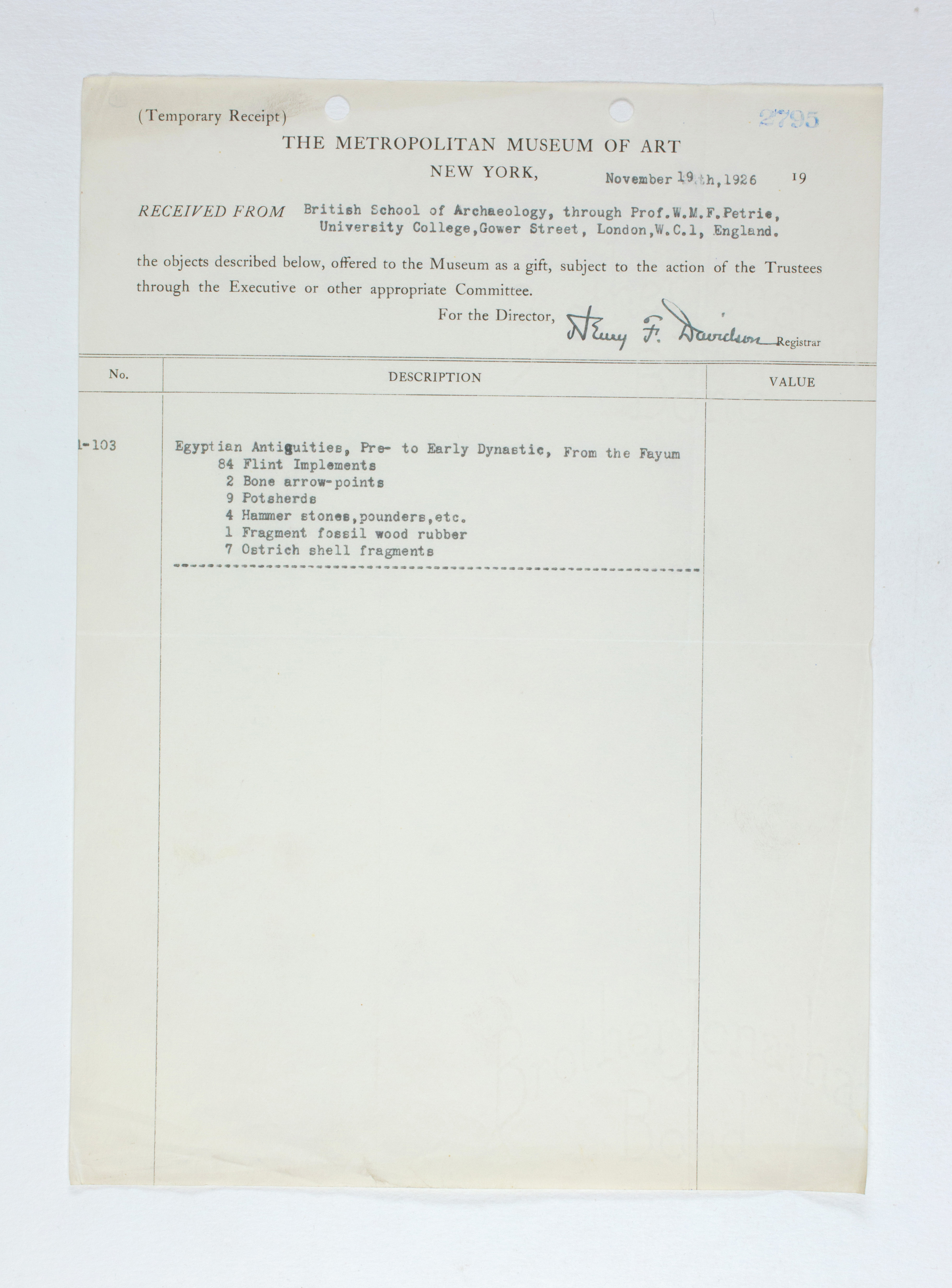 1925-26 Badari, Faiyum Receipt from institution  PMA/WFP1/D/29/11