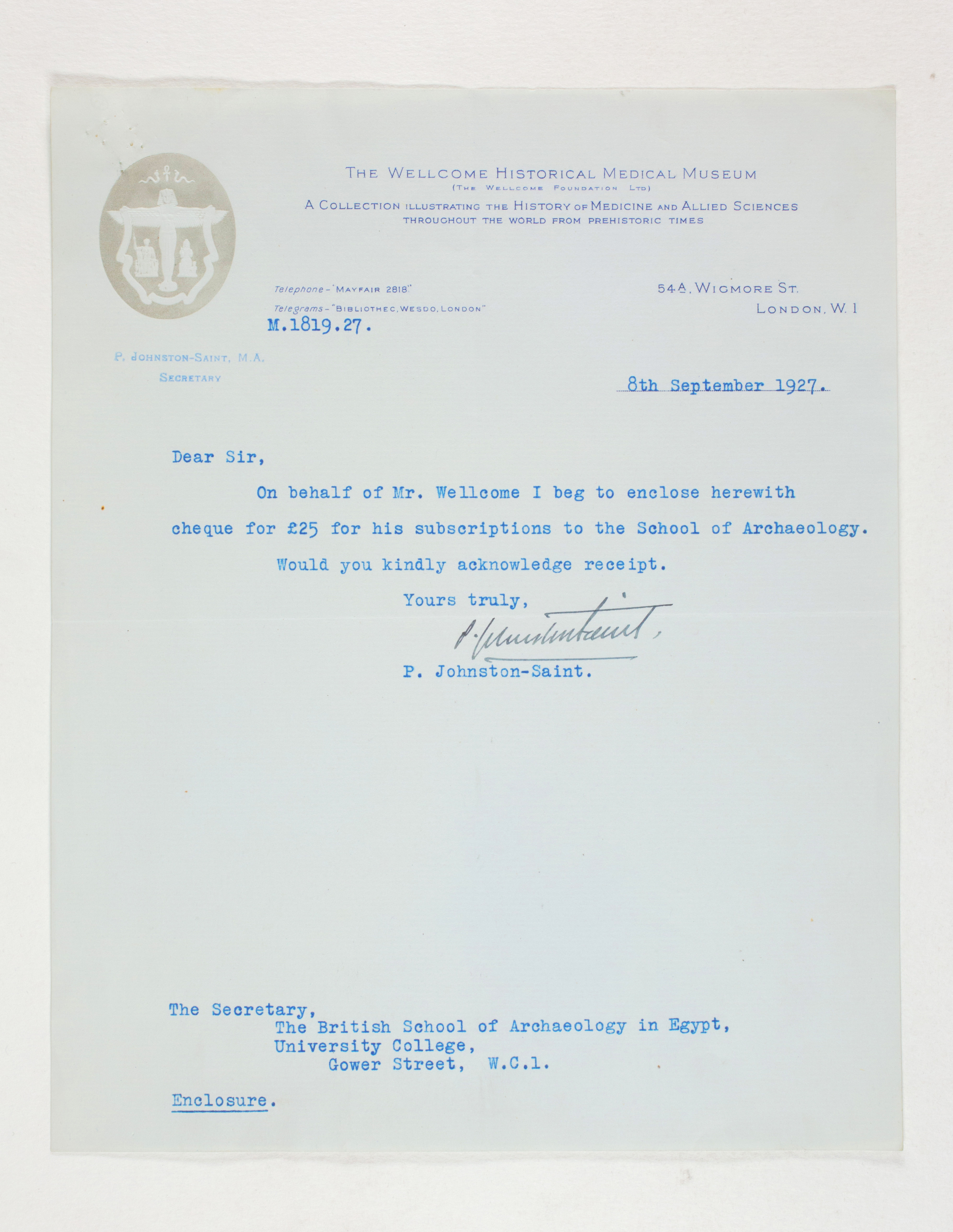1926-27 Secondary distribution from UCL Correspondence PMA/WFP1/D/30/10
