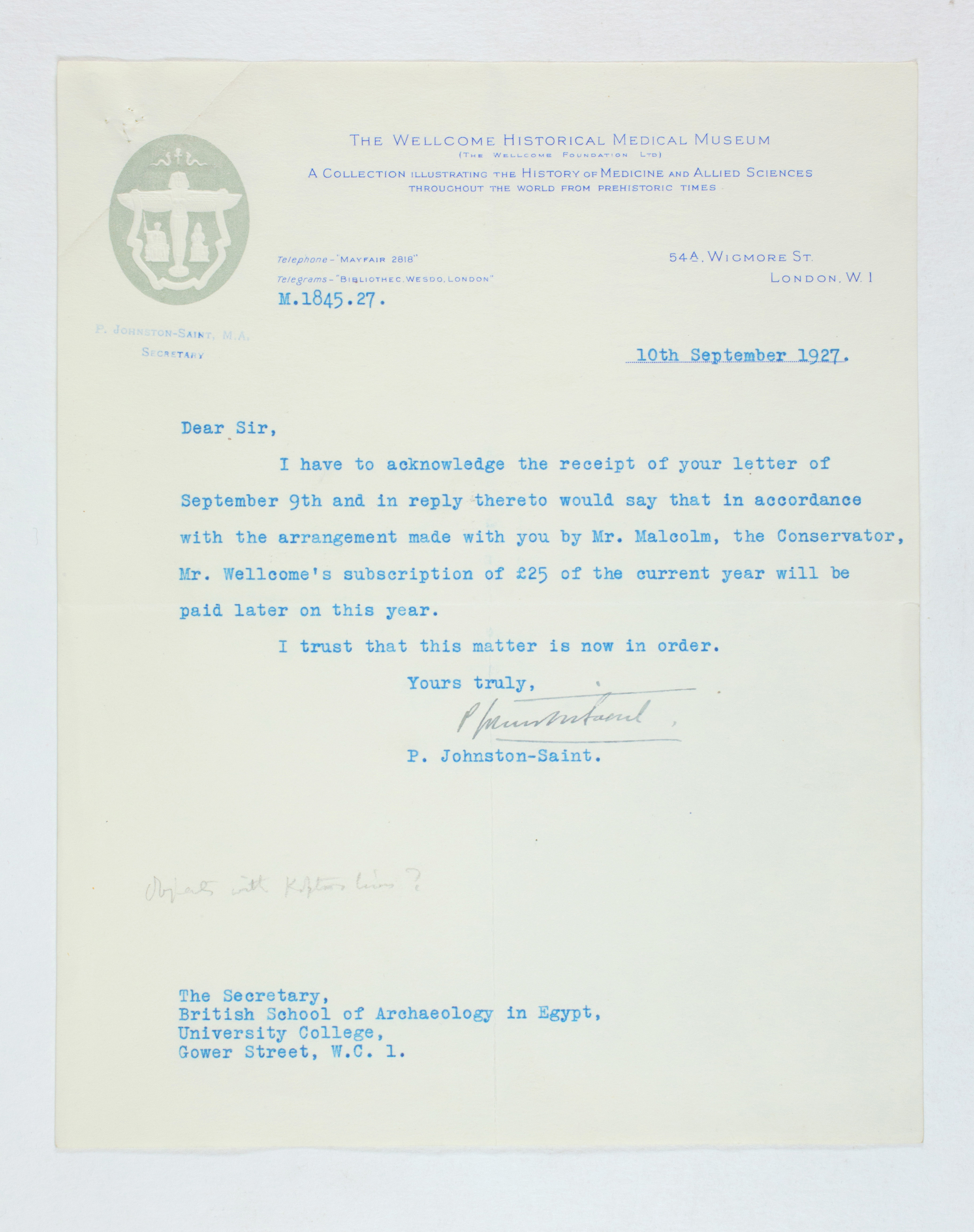 1926-27 Secondary distribution from UCL Correspondence PMA/WFP1/D/30/12