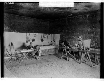 John Garstang and his assistant Harold Jones in their field headquarters at Beni Hasan (Egypt), which they set up inside a tomb dating to the Egyptian Middle Kingdom (1975-1640BC).