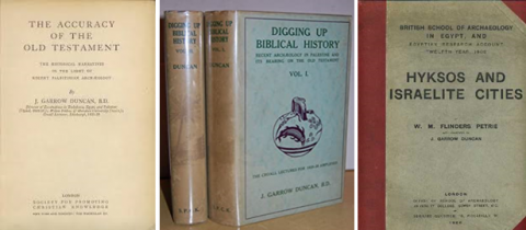 A selection of books written (and co-written) by Duncan. Left to right: ‘The Accuracy of the Old Testament’ (1930), ‘Digging Up Biblical History’ (1931-90), ‘Hyksos and Israelite Cities’ co-written with F. Petrie (1906, 2010). 