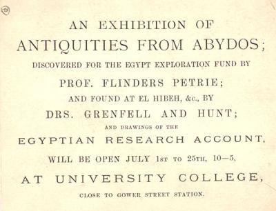 Exhibition invitation card for display of finds from excavations at Abydos and drawings made by the ERA.