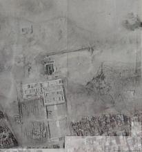 Aerial photograph showing the Temple and Cenotaph of Seti I at Abydos,   superimposed on a modern Google map image. Created by Kristian Brink, 2015. 