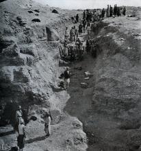 Photograph showing excavation of  tomb no. 300 at el-Riqqa, both during the works and afterwards. Engelbach 1915: plate II fig. 1.